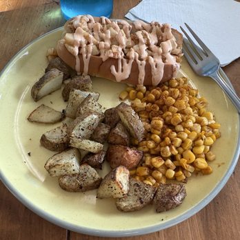 Frannie’s Vegan Cafe - Lobster roll with street corn and roasted potatoes - Vegan Near Me - Johnson City, Tennessee