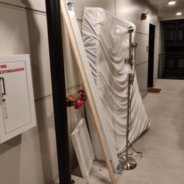 My mattress and some important pieces of the bed that they left next to a random apartment in the outdoor hallway overnight. My mattress and some important pieces of the bed that they left next to a random apartment in the outdoor hallway overnight.