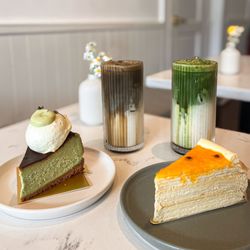 Sweet Glory - Pandan cheesecake, passion fruit crepe cake, hojicha, matcha latte