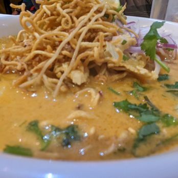 Khun 9 Thai Kitchen - Khao Soi Gai - coconut curry based and so delish w/chicken, pickled mustard greens, sprouts, red onions, and a crunchy topping. - Thai Near Me - Torrance, California
