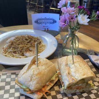 Brickroom - Tofu bahn mi (front). Linguine pasta (back). - New American Near Me - Ashland, Oregon