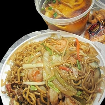 Mings - a plate of noodles and a bowl of soup - Chinese Near Me - Schenectady, New York