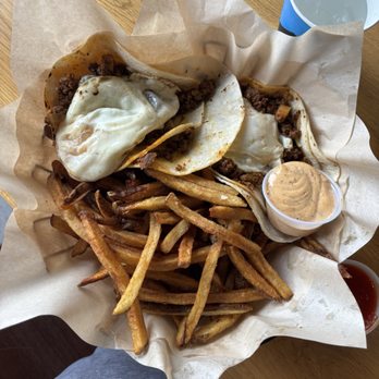 Slope & Hatch - Chorizo hash tacos (on corn) with fries. - New American Near Me - Eagle, Colorado
