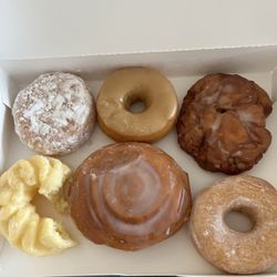 Dunkin' - Top Left: Bavarian Creme, Maple, and Apple Fritter Bottom Left: Cruller, Coffee Roll, and Sugar Donut