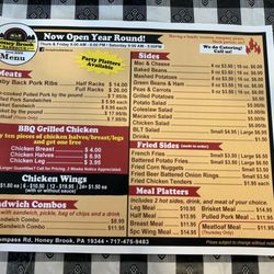 Honey Brook Barbecue - Paper menu on the counter but also serves as a place mat.