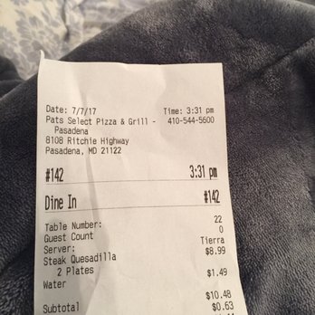 Pats Select Pizza | Grill - This was the receipt bill for app was $11.11 and on my credit card slip I left $3 so for $14.11 I got nothing but a hard time! - Pizza Near Me - Pasadena, Maryland Pats Select Pizza | Grill - This was the receipt bill for app was $11.11 and on my credit card slip I left $3 so for $14.11 I got nothing but a hard time! - Pizza Near Me - Pasadena, Maryland