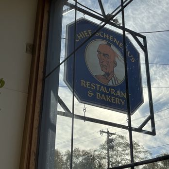Chief Schenevus - Sign - The image shows a sign for Chief Schenevus Restaurant & Bakery viewed through a window. The sign features a portrait of a Native American chief and is framed with a black border. The background outside includes a partly cloudy sky, power lines, and trees, with a building visible below the sky. The window has a wooden frame, and the sign appears to be mounted outside the building. - American Near Me - Schenevus, New York