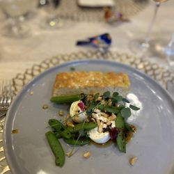 Chef Rebecca Clarke - Burrata with Blistered Sugar Snap Peas, Salsa Matcha, Peanuts & Focaccia