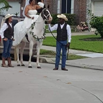 Cypress Trails Ranch - Riding to my Groom on Cinderella accompanied by the staff  - I love this picture - Horseback Riding Near Me - Humble, Texas