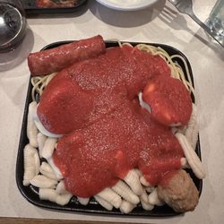 Bona Casa - Special plate- small. 1 raisin & cheese ravioli, 1 chicken & cheese ravioli, 1 meatball, 1 sausage, cavatelli. Spaghetti, red sauce.
