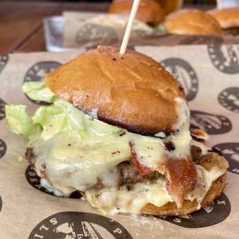 PDX Sliders - Sellwood Slider with Beef, Bacon, Beechers Aged Cheddar, Caramelized Onions, Butter Lettuce, & Aioli on Brioche - PDX Sliders - Burgers Near Me - Portland, Oregon PDX Sliders - Sellwood Slider with Beef, Bacon, Beechers Aged Cheddar, Caramelized Onions, Butter Lettuce, & Aioli on Brioche - PDX Sliders - Burgers Near Me - Portland, Oregon