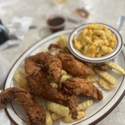 Omega House Arcadia - Chicken Tenders, Fries, and Macaroni and Cheese.