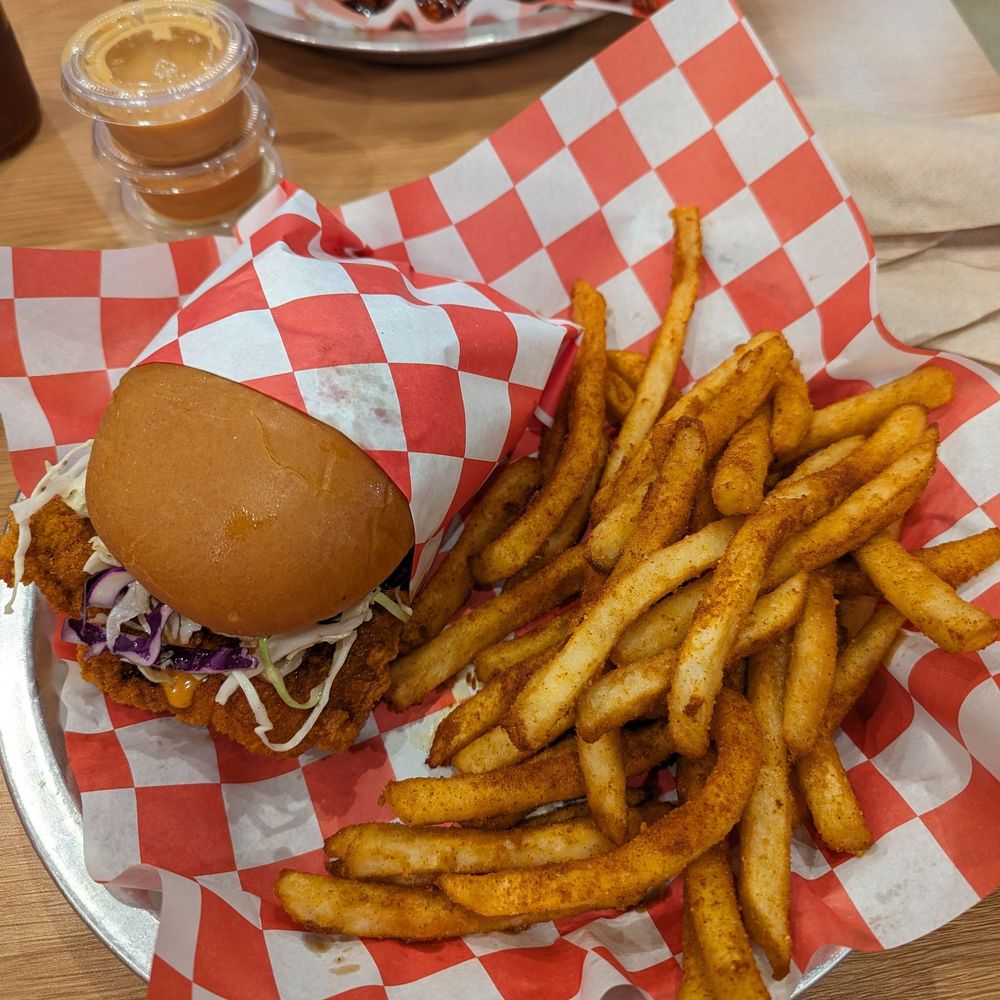 Mighty Chick Sando - Nashville Hot Chicken Sando with a side of Nashville French fries, delish! - Chicken Wings Near Me - Bedford, Texas
