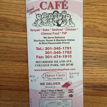 Eddie's Cafe - Delivery fee $2, minimum order $11. - Cafes Near Me - College Park, Maryland Eddie's Cafe - Delivery fee $2, minimum order $11. - Cafes Near Me - College Park, Maryland