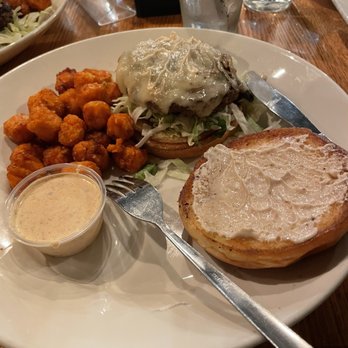 Shady Grove - Mushroom Swiss burger with sweet potato tater tots. - American Near Me - Pittsburgh, Pennsylvania Shady Grove - Mushroom Swiss burger with sweet potato tater tots. - American Near Me - Pittsburgh, Pennsylvania