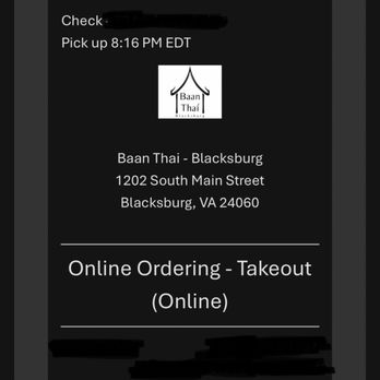 Baan Thai - Proof of order - Thai Near Me - Blacksburg, Virginia Baan Thai - Proof of order - Thai Near Me - Blacksburg, Virginia