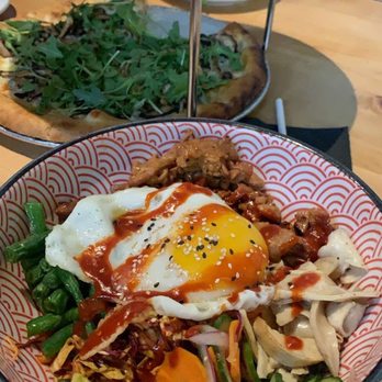 State Room - Seoul Bowl Bibimbop (front center). Margarita Pizza (top tray). Shroomin' Pizza (bottom tray). - Breweries Near Me - San Rafael, California State Room - Seoul Bowl Bibimbop (front center). Margarita Pizza (top tray). Shroomin' Pizza (bottom tray). - Breweries Near Me - San Rafael, California