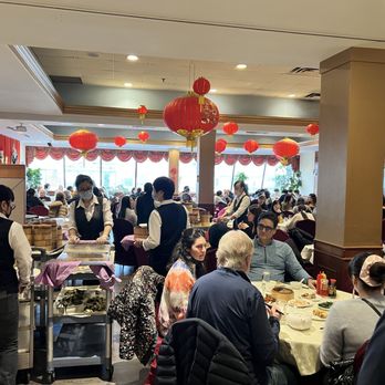 Dim Sum King - A crowded Chinese restaurant with red lanterns hanging from the ceiling, filled with diners and staff, and large windows in the background. - Dim Sum Near Me - Toronto, Ontario