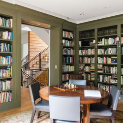 Gambrick Construction - Home addition library, green walls, wood floors