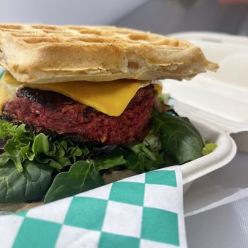 Waffle Sandwich Bar - Quinoa+Lentil Veggie Cheese burger with dairy-free cheese! - Breakfast & Brunch Near Me - Orlando, Florida Waffle Sandwich Bar - Quinoa+Lentil Veggie Cheese burger with dairy-free cheese! - Breakfast & Brunch Near Me - Orlando, Florida
