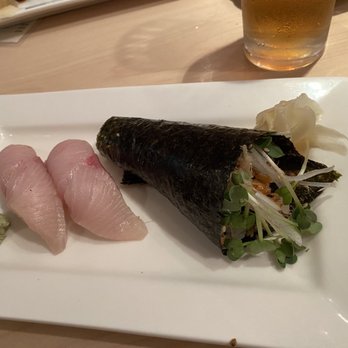 Yanagi Sushi - Hamachi (left) & salmon skin hand roll - Japanese Near Me - Honolulu, Hawaii Yanagi Sushi - Hamachi (left) & salmon skin hand roll - Japanese Near Me - Honolulu, Hawaii