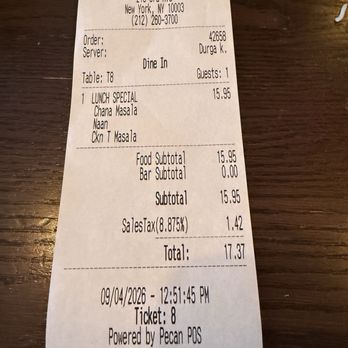 Sathi - Receipt - Indian Near Me - New York, New York Sathi - Receipt - Indian Near Me - New York, New York