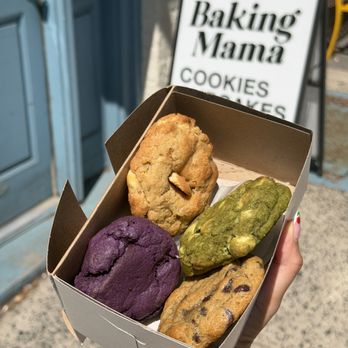 Baking Mama - Banana Pudding Cookie ($4.25), Matcha w White Chocolate Chip Cookie ($4.75), Ube Cookie ($4), Classic Chocolate Chip Cookie ($3.75) - Bakeries Near Me - Hoboken, New Jersey Baking Mama - Banana Pudding Cookie ($4.25), Matcha w White Chocolate Chip Cookie ($4.75), Ube Cookie ($4), Classic Chocolate Chip Cookie ($3.75) - Bakeries Near Me - Hoboken, New Jersey