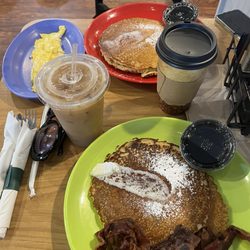 Caffe A La Mode - Chocolate blueberry pancakes! Crispy bacon! Coffee Yummy syrup Pancake stuffed with bacon and sausage!