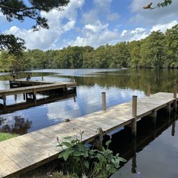 Boat dock and a beautiful view, there were kids on the side actually fishing off the dock, love that!