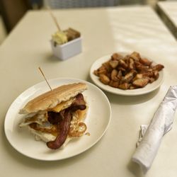 Cafe Mesita - Breakfast Sandwich w/ bacon $8 & side hashbrowns $4 as of 5/25