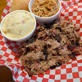 JDs Smokehouse - Pork with red slaw and loaded potato casserole. - Barbeque Near Me - Rutherford College, North Carolina