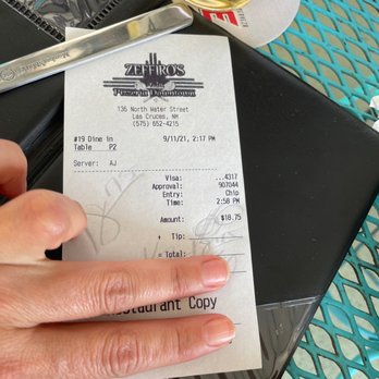 Zeffiro's Pizzeria Downtown - The tab that I had to scratch because there was no pen provided to sign. Obviously not leaving a tip. - Pizza Near Me - Las Cruces, New Mexico Zeffiro's Pizzeria Downtown - The tab that I had to scratch because there was no pen provided to sign. Obviously not leaving a tip. - Pizza Near Me - Las Cruces, New Mexico