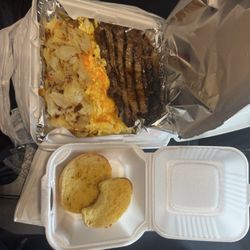 Hub Room - Truckers breakfast, steak, eggs, and home potatoes and a biscuit.
