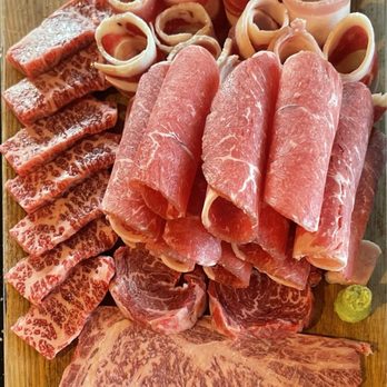 SOT BBQ - Wagyu Sampler Plate (A5 Japanese Wagyu Ribeye, US Wagyu Short Rib, Tongue, Beef Belly, Prime Ribeye Certified Angus Beef) - Korean Near Me - San Diego, California