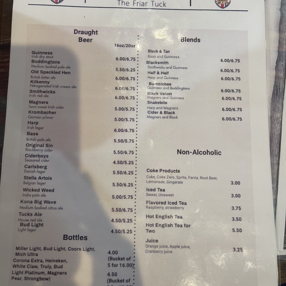 Friar Tuck - Drink menu page two. They make great bloody Mary's - British Near Me - Clermont, Florida