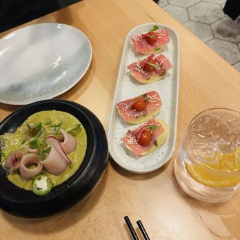 Oshen - Left: Hamachi Jalapeno Crudo Middle: Tuna Potato Crisp - Sushi Bars Near Me - Charlotte, North Carolina