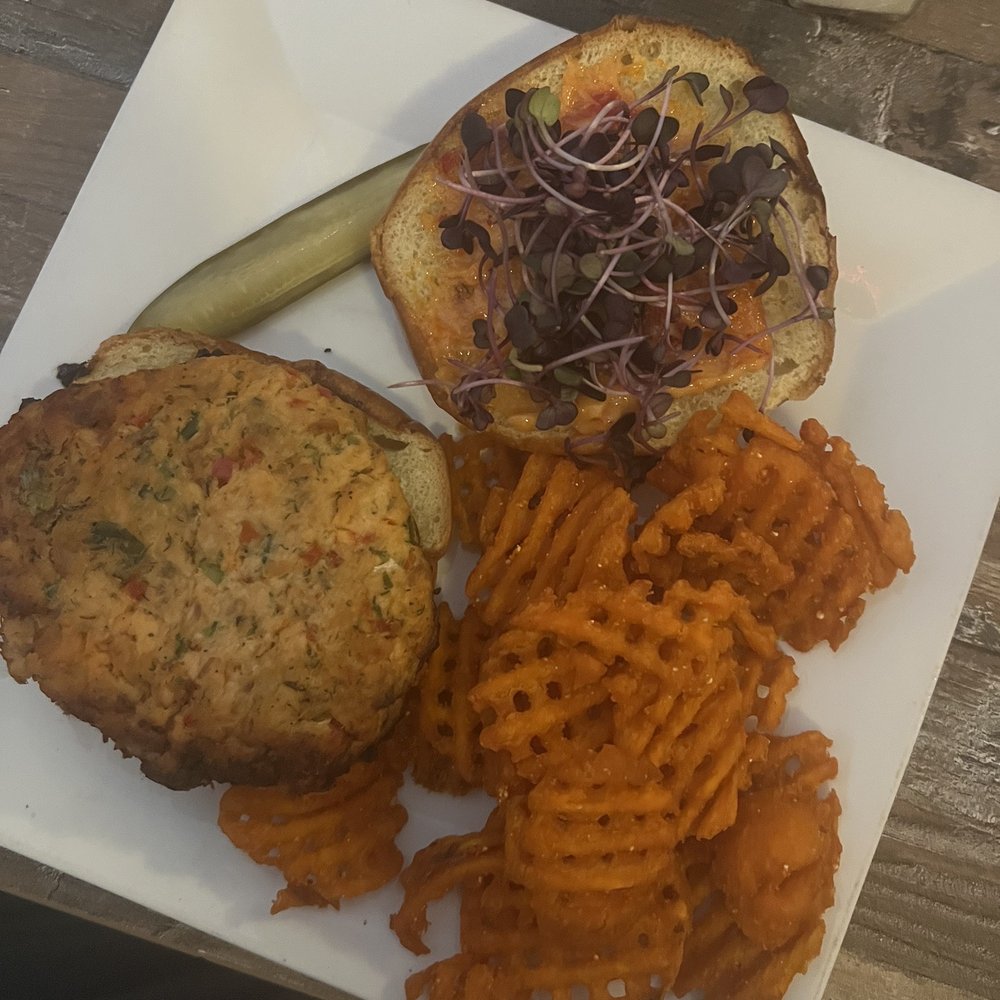 Ringers Roost - Salmon burger with sweet potato fries - Pubs Near Me - Allentown, Pennsylvania Ringers Roost - Salmon burger with sweet potato fries - Pubs Near Me - Allentown, Pennsylvania