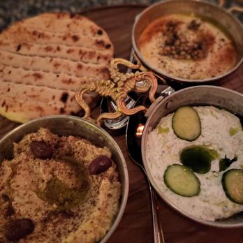 Ortikia Mediterranean Grill - Mezze plater with Tzatziki, fire roasted eggplant and Hummus - Mediterranean Near Me - Henderson, Nevada