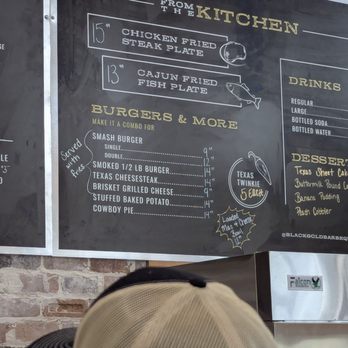 Black Gold Barbeque - Menu board for burgers,b and other things, and drinks - Barbeque Near Me - Buna, Texas