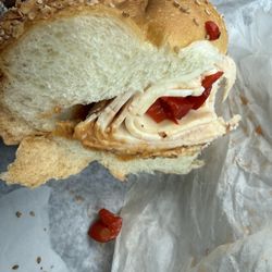 D'Agostino's Deli - Braided roll, chicken deli meat, hots, roasted red peppers, fresh mozzarella and chipotle mayo-delicious