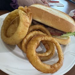 Pierpoint Bar & Grill - Tri tip sandwich with onion rings