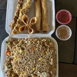 DKone Eggrolls - Chicken fried rice, egg rolls, chicken on a stick, sweet and sour and spicy sauces
