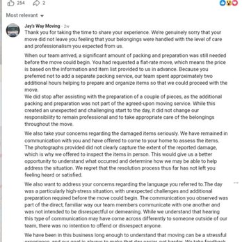 Jay's Way Moving & Delivery - The damage was one thing, the way this company responded afterward was another. - Movers Near Me Jay's Way Moving & Delivery - The damage was one thing, the way this company responded afterward was another. - Movers Near Me