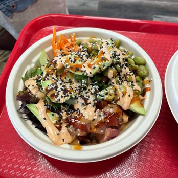Okie poke - two plates of food on a red tray - Poke Near Me - Grants Pass, Oregon Okie poke - two plates of food on a red tray - Poke Near Me - Grants Pass, Oregon