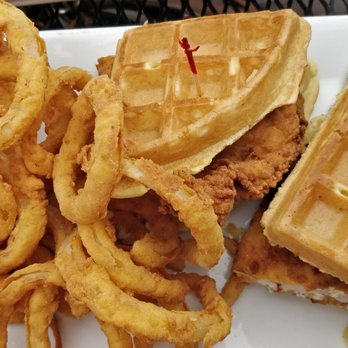 Cheers Grille & Bar - Chicken n Waffles with maple mayo sauce and a side of homemade onion rings!! Ooooh yeeaah!! - American Near Me - Concord, New Hampshire Cheers Grille & Bar - Chicken n Waffles with maple mayo sauce and a side of homemade onion rings!! Ooooh yeeaah!! - American Near Me - Concord, New Hampshire