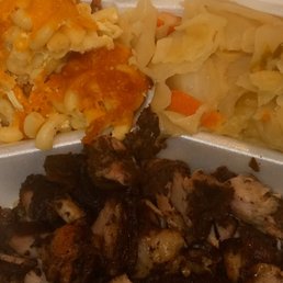 Jerk pork, mac n cheese, and cabbage