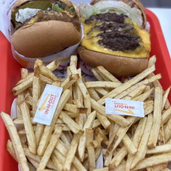 In-N-Out Burger - Cheeseburger animal style and a 4x4 with both onions - Burgers Near Me - Porter Ranch, California