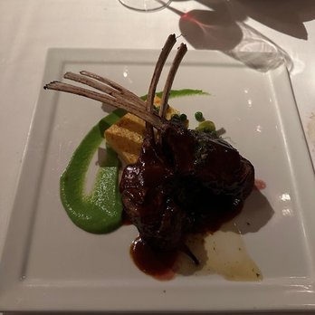 Geronimo - New Mexico Four Corners Grilled Rack of Lamb.  Fresh Pea Puree, Parmesan-Yellow Corn Polenta, Roasted Leeks & Merlot-Lamb Reduction - French Near Me - Santa Fe, New Mexico