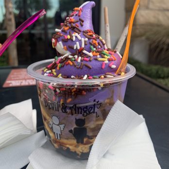 Devil & Angel Desserts - Boba Ice Cream with Ube and Milk Swirl Soft Serve and Biscuit Sticks and Sprinkles toppings. - Bubble Tea Near Me - Concord, California Devil & Angel Desserts - Boba Ice Cream with Ube and Milk Swirl Soft Serve and Biscuit Sticks and Sprinkles toppings. - Bubble Tea Near Me - Concord, California