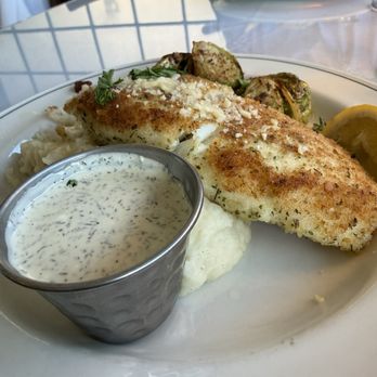 Carruthers - Northwest Halibut served with mashed potatoes and Brussel sprouts - New American Near Me - Astoria, Oregon